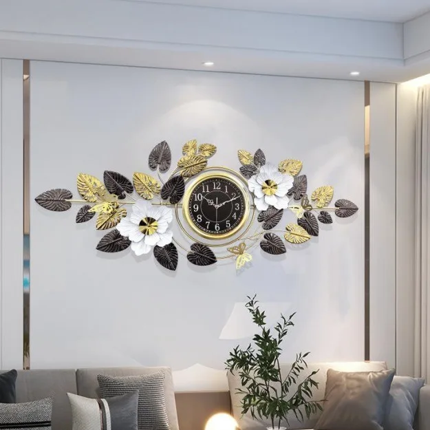 Luxury Wall Clock with Golden Leaves & 3D Flowers – Size 126×49cm
