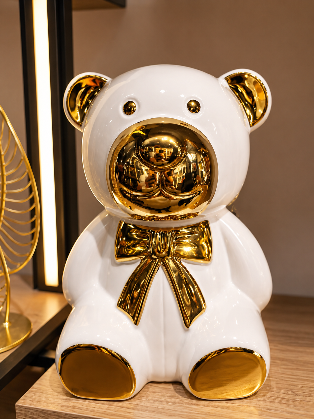 Luxury Ceramic Teddy Bear Statue – White & Gold Modern Home Decor