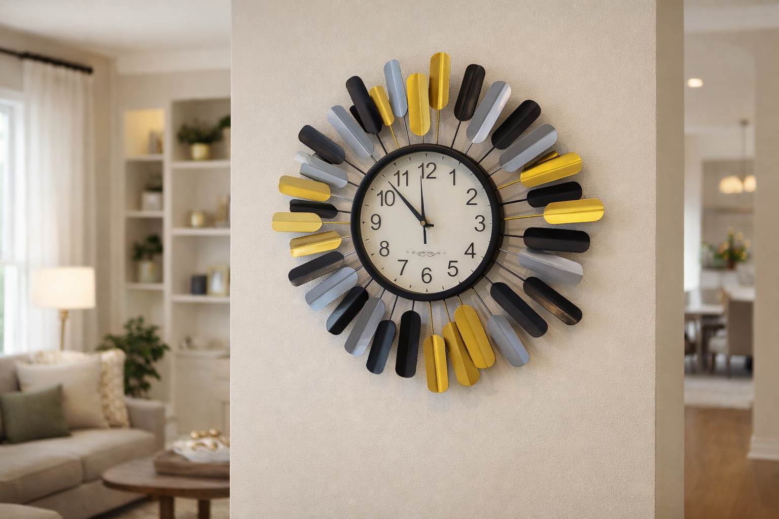 ساعة حائط مودرن ديكور فني – ألوان ذهبي وأسود ورمادي