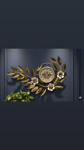 Luxury Wall Clock with Golden Leaves, White Flowers & Moving Gears – Size 115×65cm