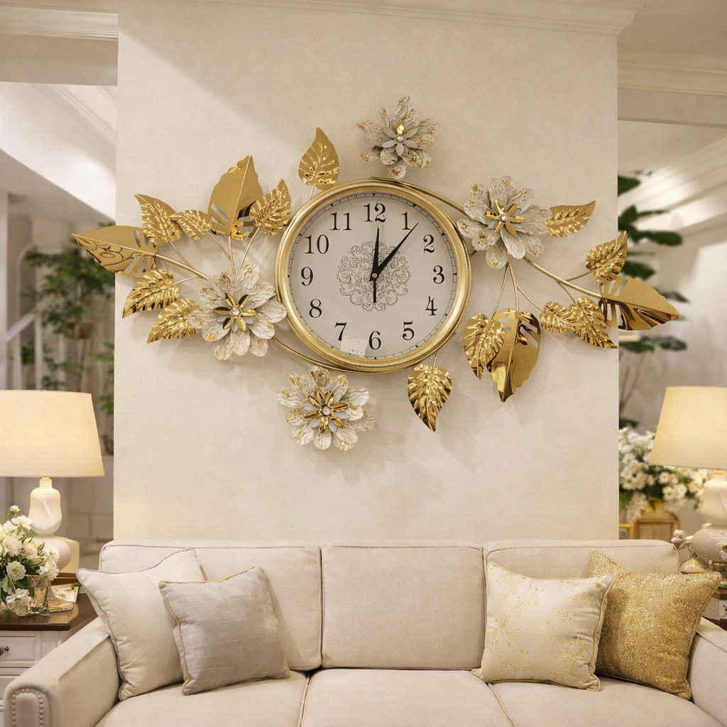 ساعة حائط استانلس ستيل مودرن تصميم أوراق وزهور ذهبية – 110×55 سم
