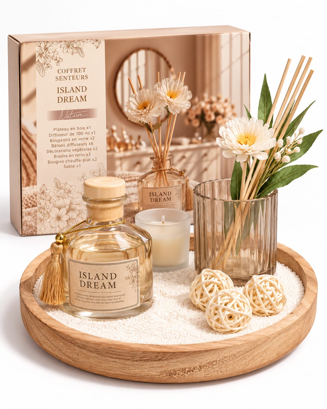 طقم معطر منزلي فاخر مع شمعة وصينية ديكورية – Natural Elegance