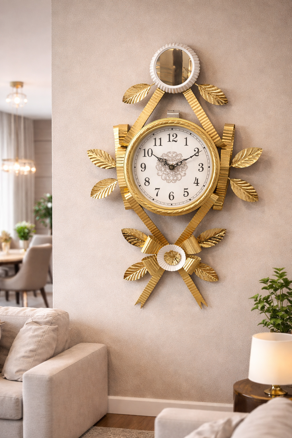 ساعة حائط استانلس ستيل فاخرة تصميم ملكي مع مراية – 100×50 سم