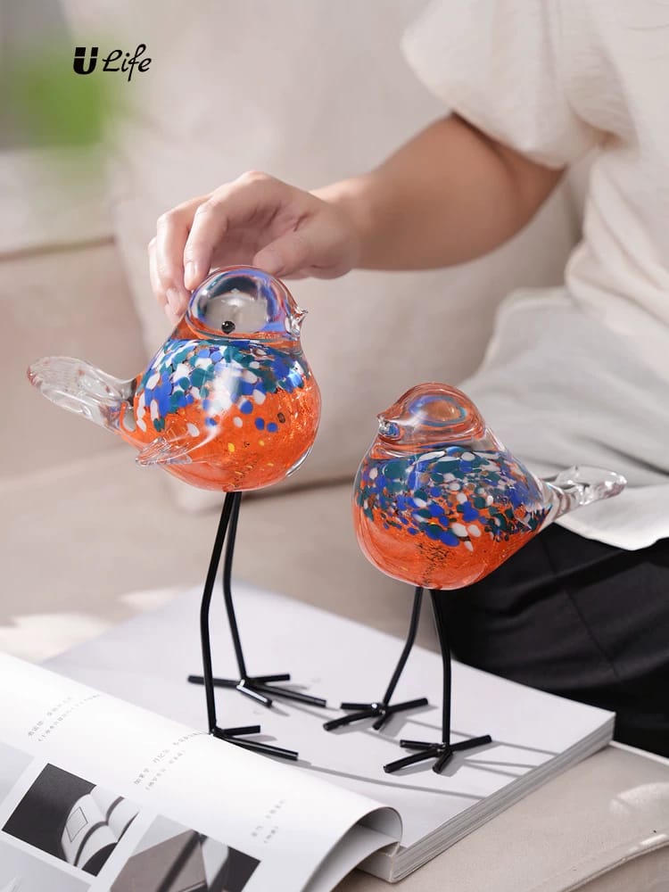 Set of 2 Handcrafted Murano Glass Bird Sculptures – Luxury Colorful Art Décor for Home & Office