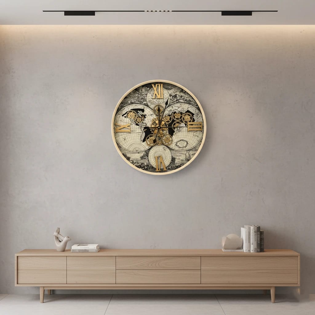 World Map Gear Clock – ساعة حائط بخريطة العالم وتروس كلاسيكية
