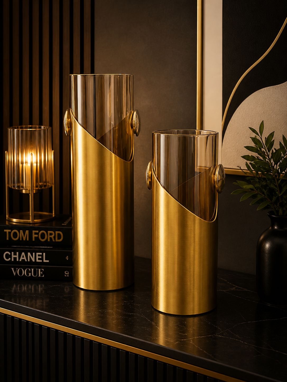 Golden Glass Vase Set – طقم مزهريات زجاجية فاخرة