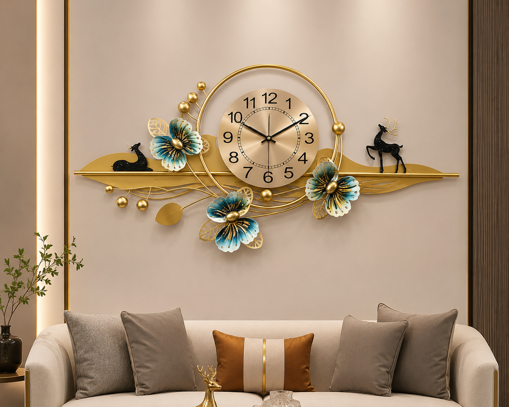 ساعة حائط مودرن ديكور بتصميم الزهور والغزال – 100×50 سم