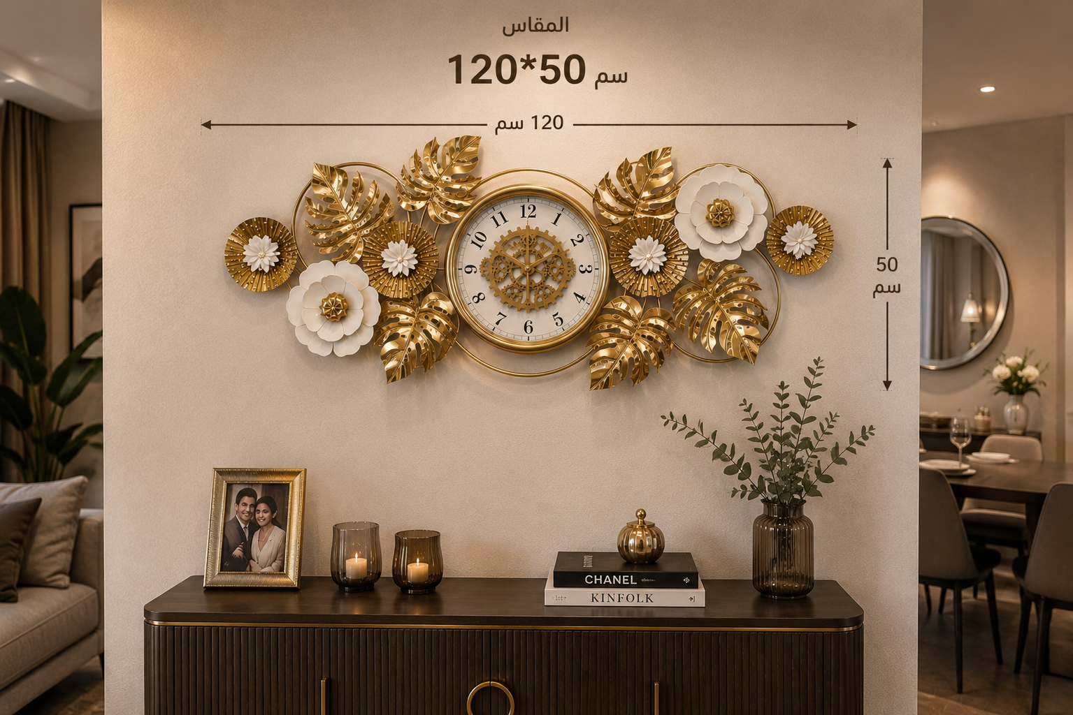ساعة حائط معدنية فاخرة بتروس متحركة وتصميم أوراق وزهور ذهبية – 120×50 سم