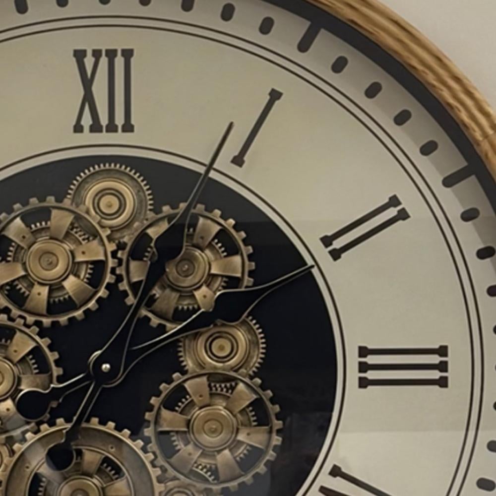 ساعة حائط كلاسيكية فاخرة بتروس متحركة وإطار خشبي – قطر 80 سم