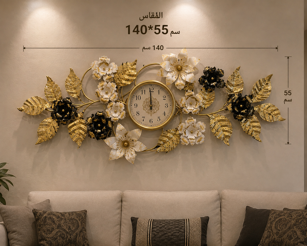 ساعة حائط معدنية فاخرة بتصميم الزهور الذهبية والأسود والأبيض – 140×55 سم