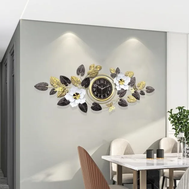 Luxury Wall Clock with Golden Leaves & 3D Flowers – Size 126×49cm