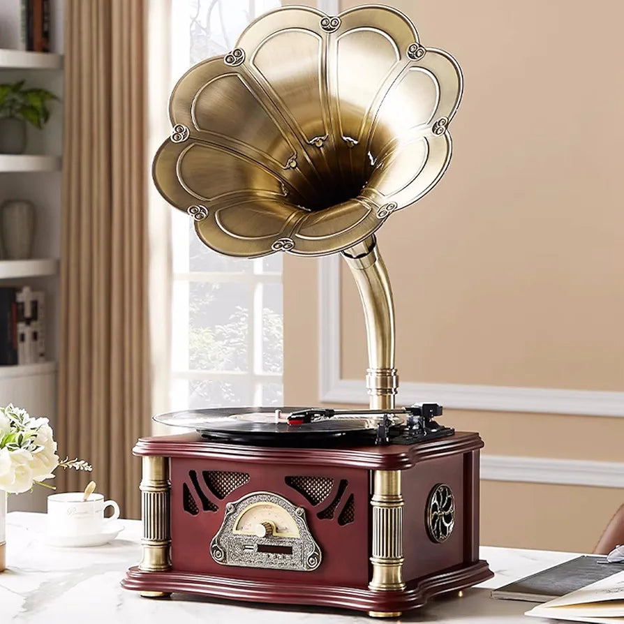 جرامافون فاخر بتصميم كلاسيكي مع مشغل فينيل وبلوتوث – Luxury Vintage Gramophone