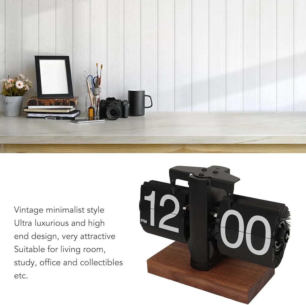 ساعة تقليب مكتبية بقاعدة خشبية فاخرة – Premium Retro Flip Clock