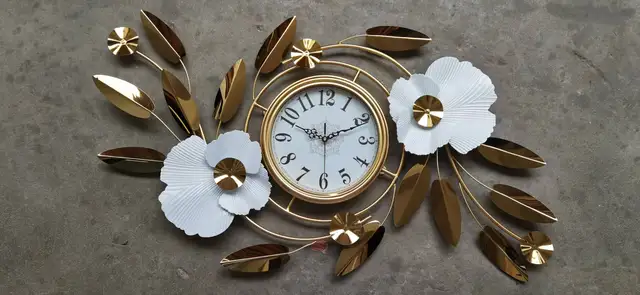 Luxury Wall Clock with Golden Leaves & 3D Flowers – Size 100×40cm