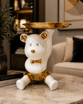 Luxury Bear Tray Statue – White & Gold Decorative Organizer