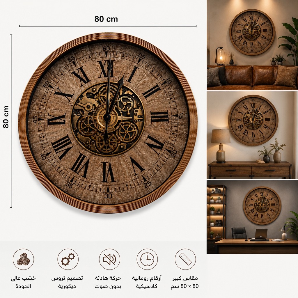 ساعة حائط خشبية فاخرة بتروس ديكورية – 80 × 80 سم