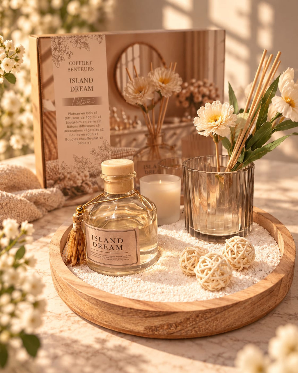 طقم معطر منزلي فاخر مع شمعة وصينية ديكورية – Natural Elegance