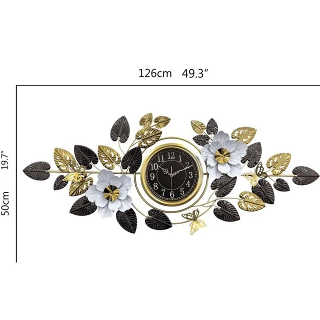 Luxury Wall Clock with Golden Leaves & 3D Flowers – Size 126×49cm