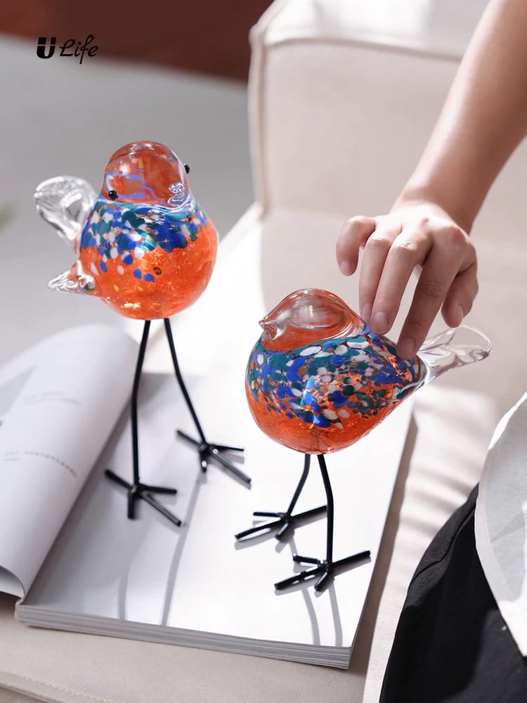 Set of 2 Handcrafted Murano Glass Bird Sculptures – Luxury Colorful Art Décor for Home & Office