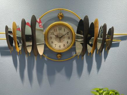 Modern Wall Clock with Decorative Metal & Mirror Design – Gold & Black – Size 120×46cm