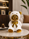 Luxury Ceramic Teddy Bear Statue – White & Gold Modern Home Decor