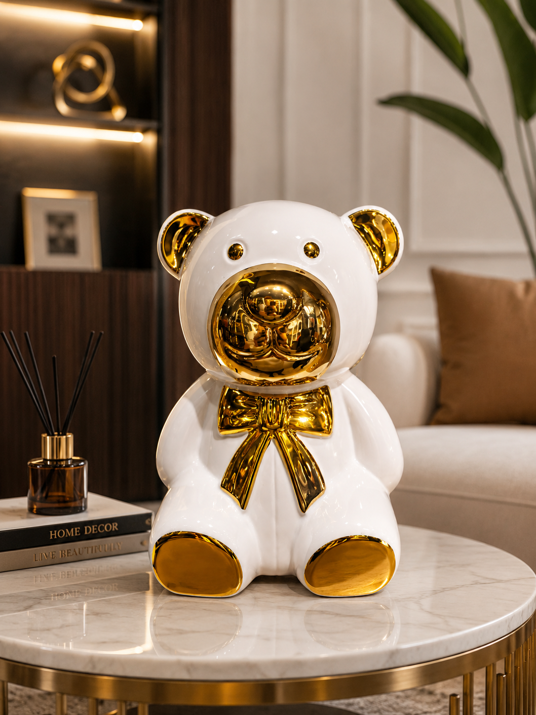 Luxury Ceramic Teddy Bear Statue – White & Gold Modern Home Decor