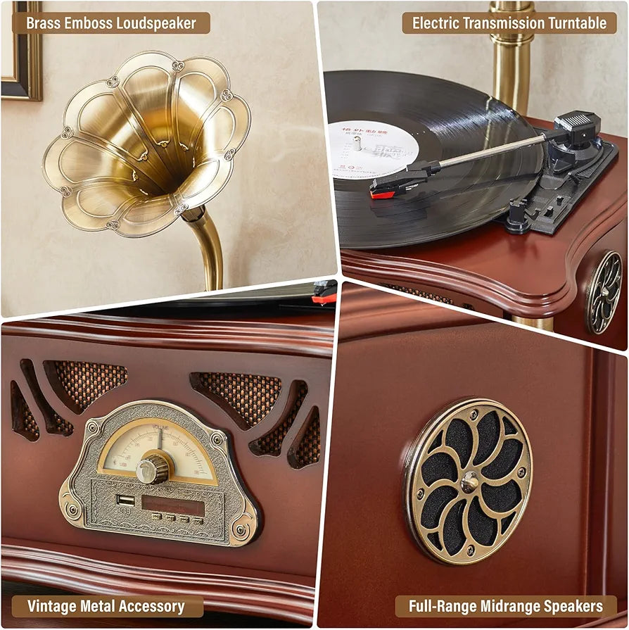 جرامافون فاخر بتصميم كلاسيكي مع مشغل فينيل وبلوتوث – Luxury Vintage Gramophone