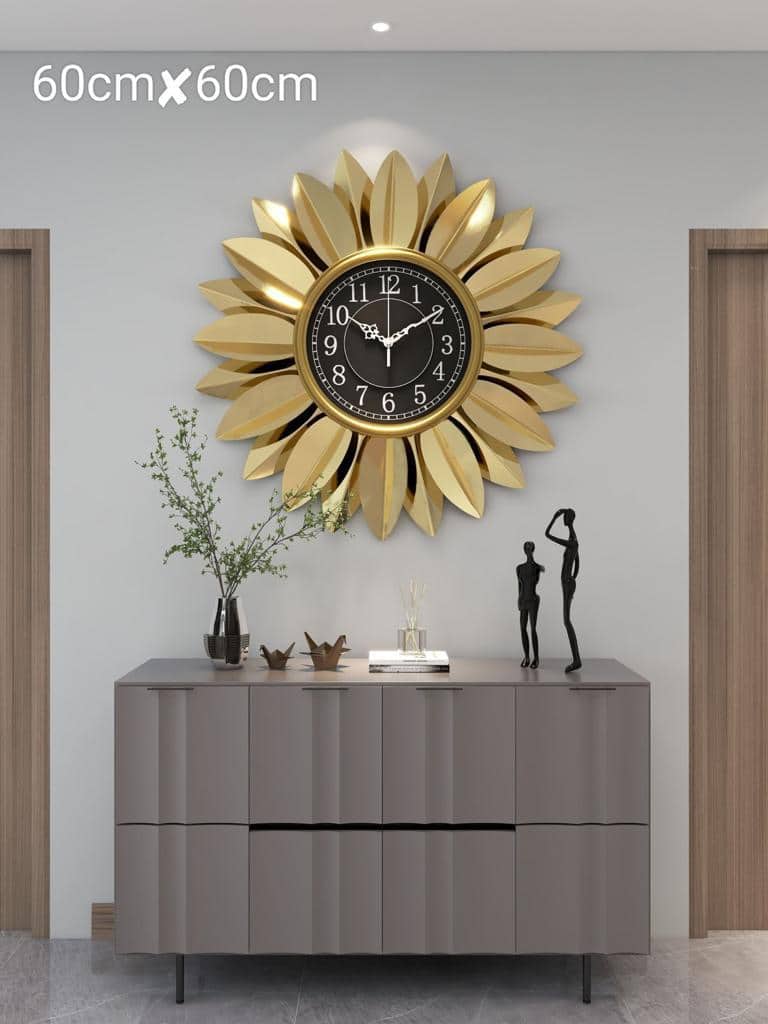 Luxury Wall Clock with Golden Leaves & 3D  – Size 60×60cm