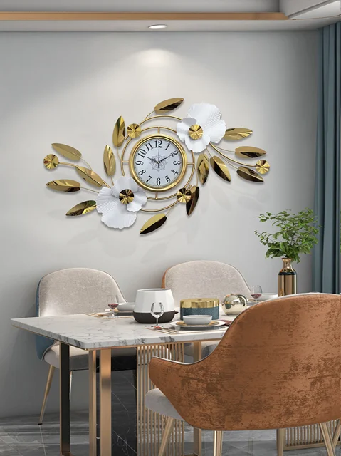 Luxury Wall Clock with Golden Leaves & 3D Flowers – Size 100×40cm