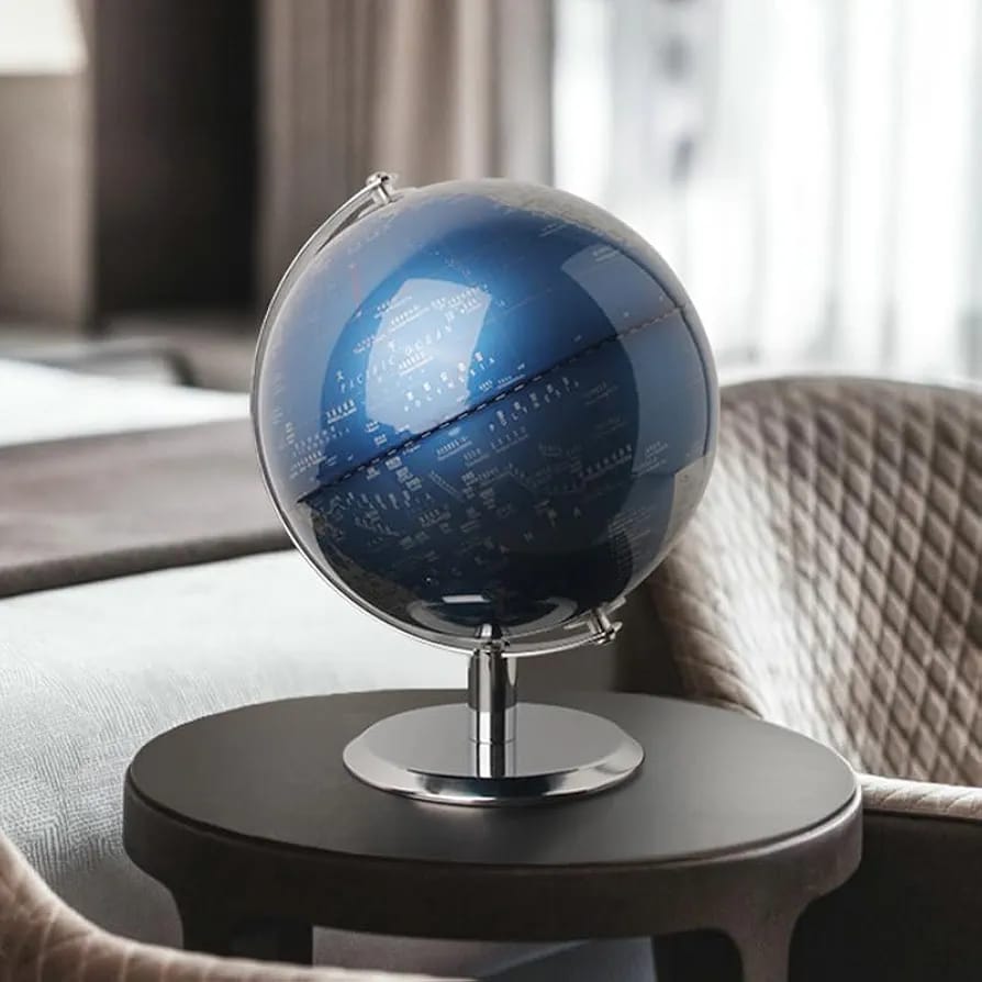 كرة أرضية ديكورية فاخرة باللون الأزرق المعدني – Globe Decor 26 سم