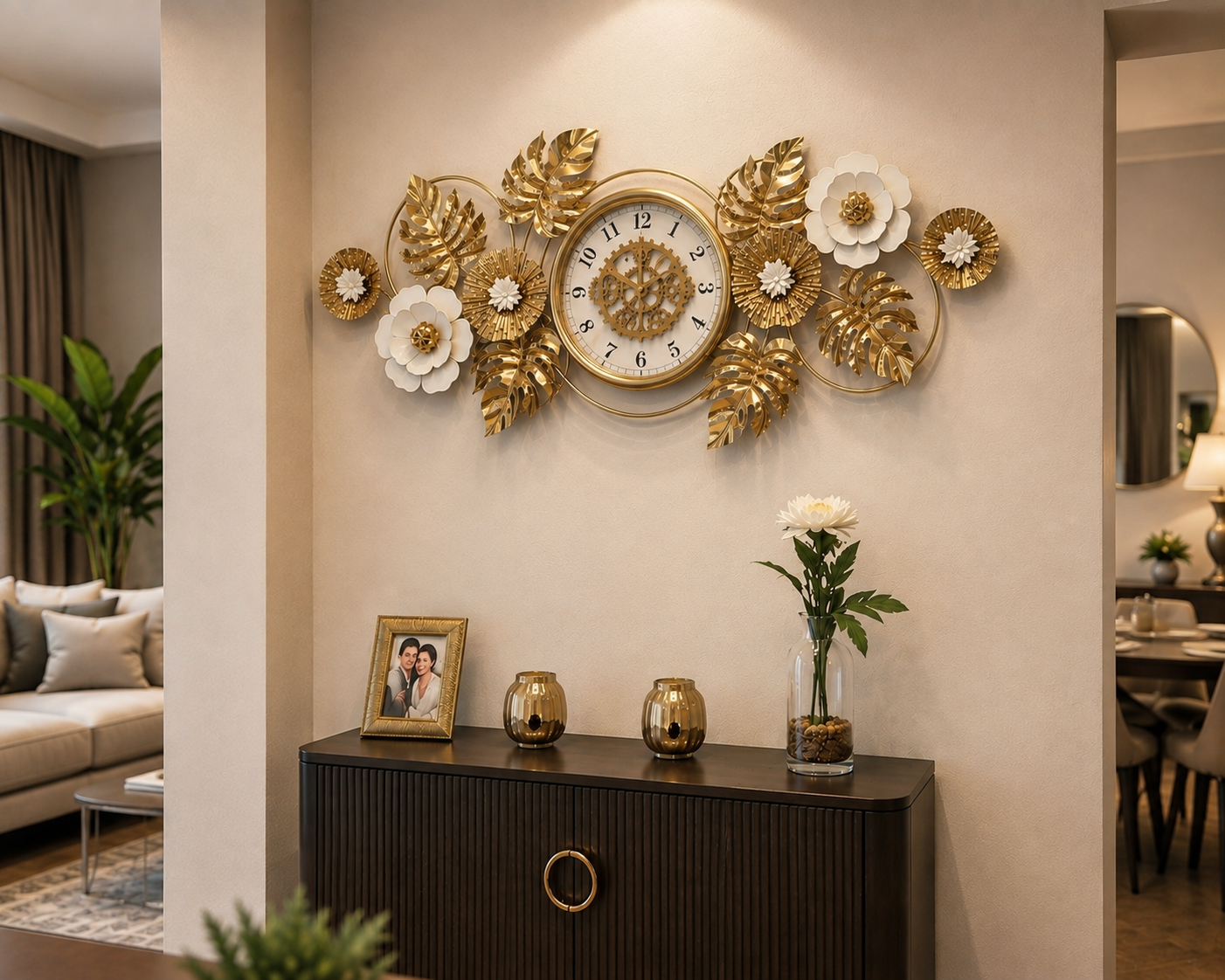 ساعة حائط معدنية فاخرة بتروس متحركة وتصميم أوراق وزهور ذهبية – 120×50 سم