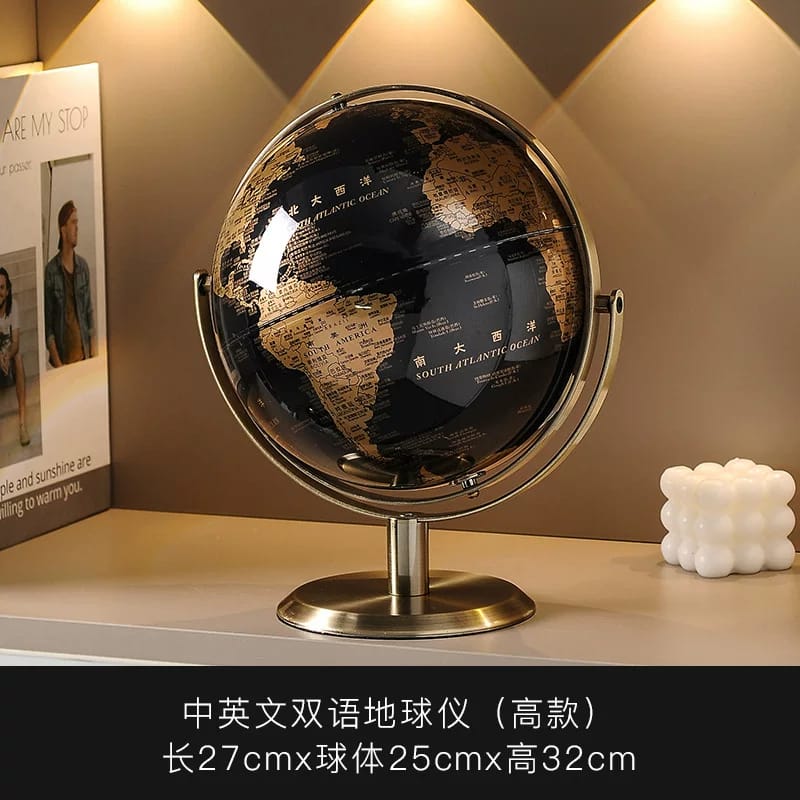 Luxury English World Globe – Black & Gold Decorative Desk Globe – 35 cm Diameter – Metal Base