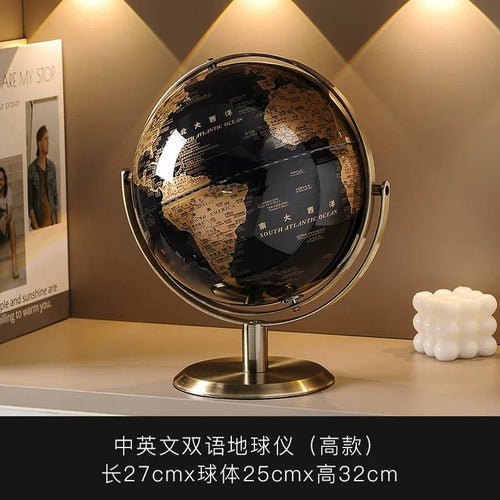 Luxury English World Globe – Black & Gold Decorative Desk Globe – 35 cm Diameter – Metal Base