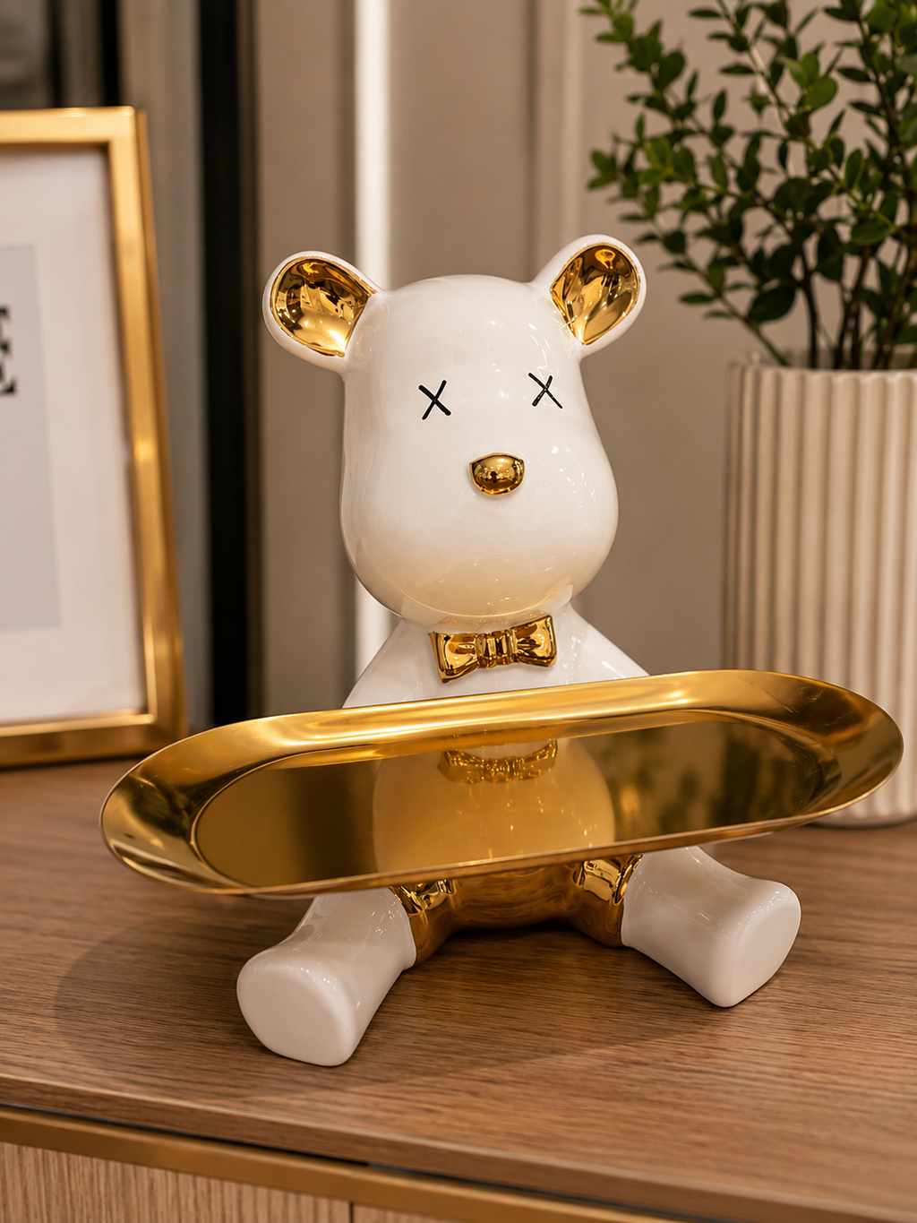 Luxury Teddy Bear Tray – White & Gold Ceramic Organizer