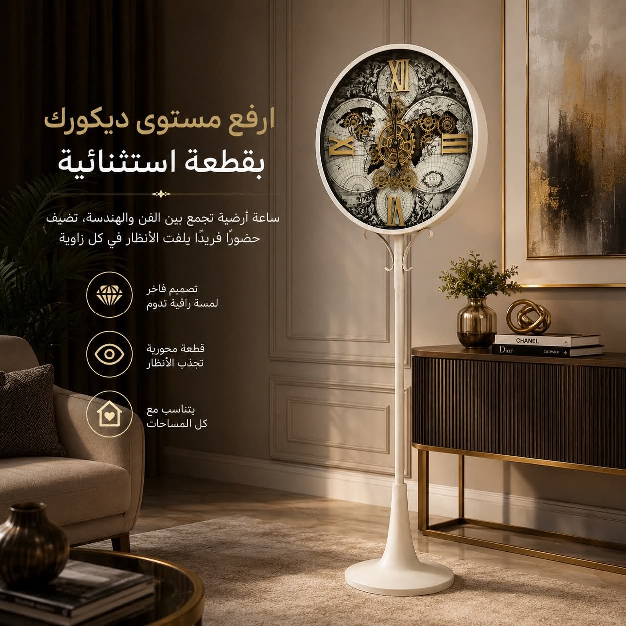 ساعة أرضية فاخرة بتصميم خريطة العالم وتروس ديكورية – ارتفاع 160 سم