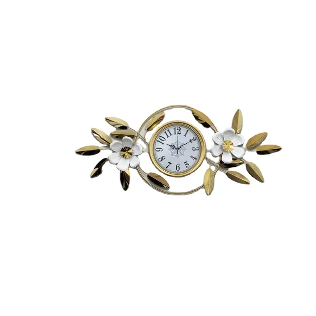 Luxury Wall Clock with Golden Leaves & 3D Flowers – Size 115×45cm
