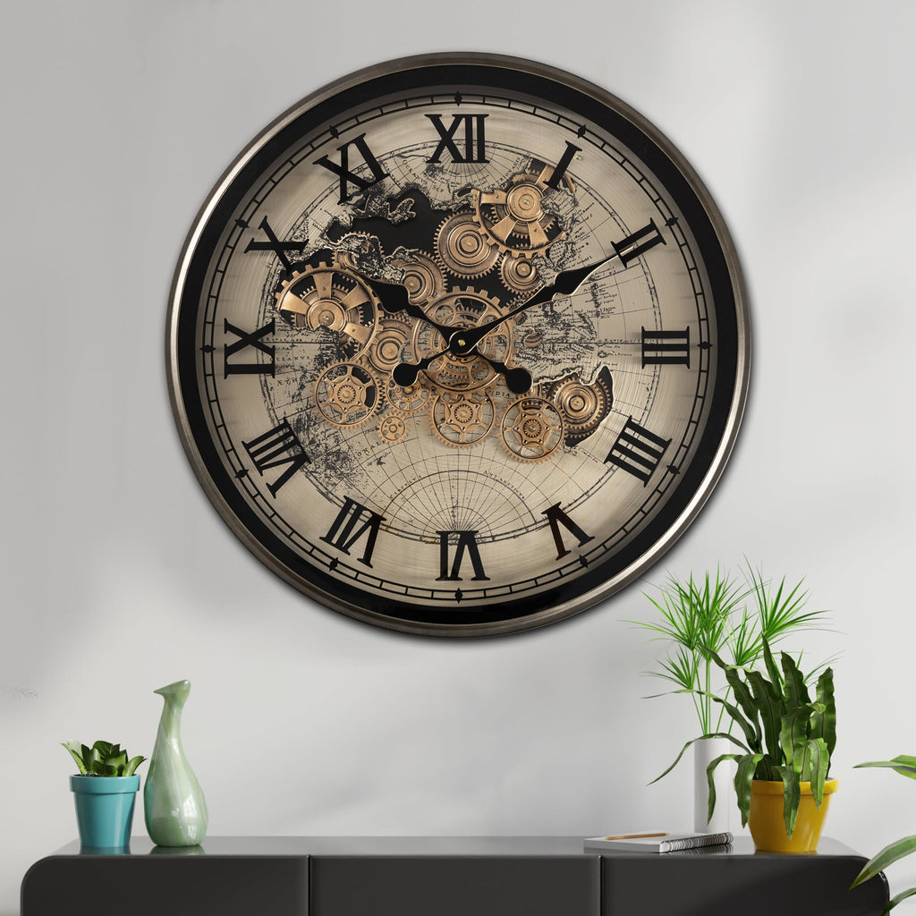 Steampunk World Map Wall Clock with Moving Gears – 60 cm Diameter