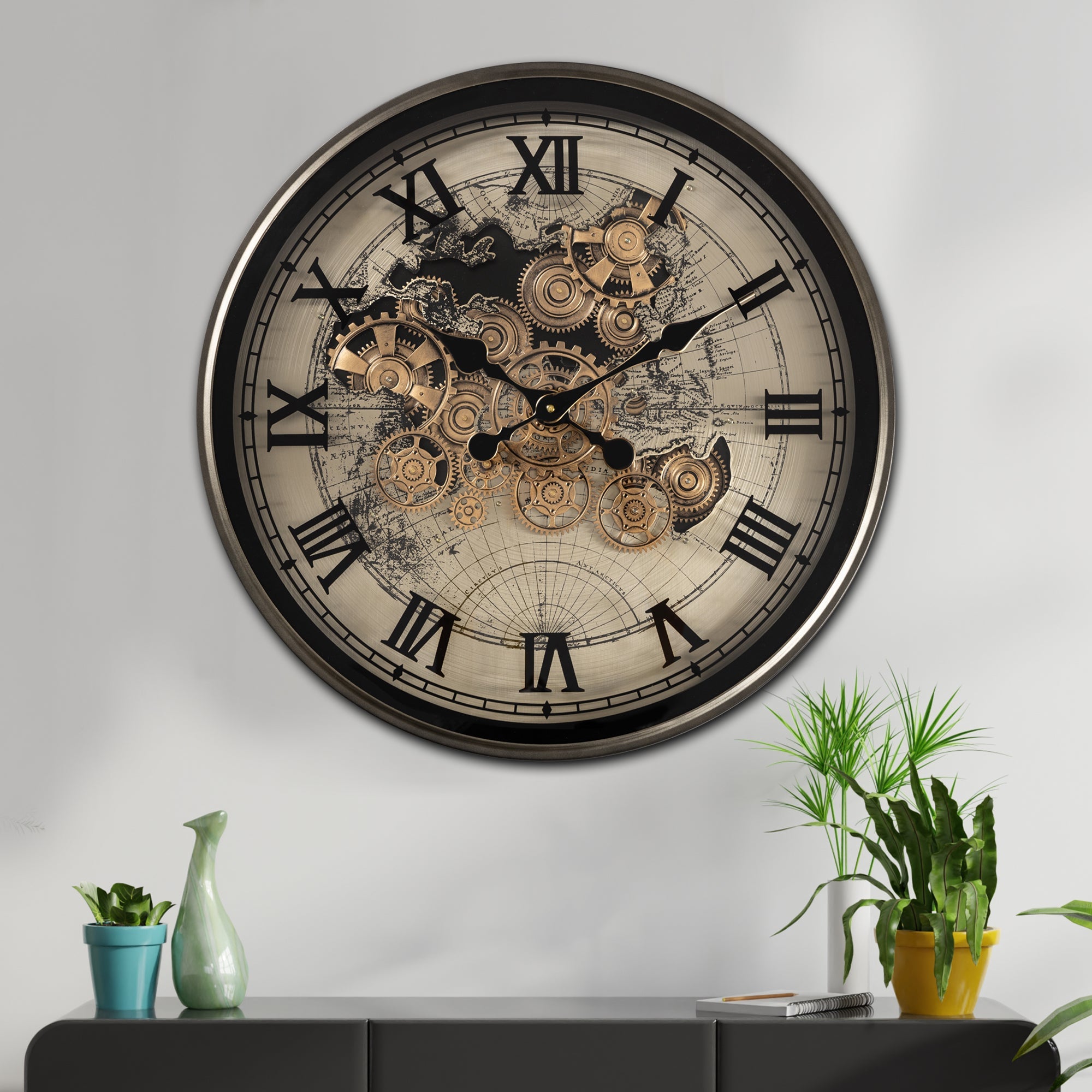 Steampunk World Map Wall Clock with Moving Gears – 60 cm Diameter
