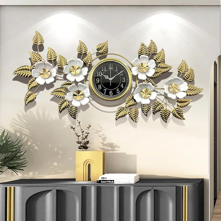 ساعة حائط بتصميم فاخر علي شكل اوراق الاشجار مقاس 55 × 115 سم مصنوعه من الاستانلس ستيل صامتة لا تصدر صوت عصرية لديكور المنزل
