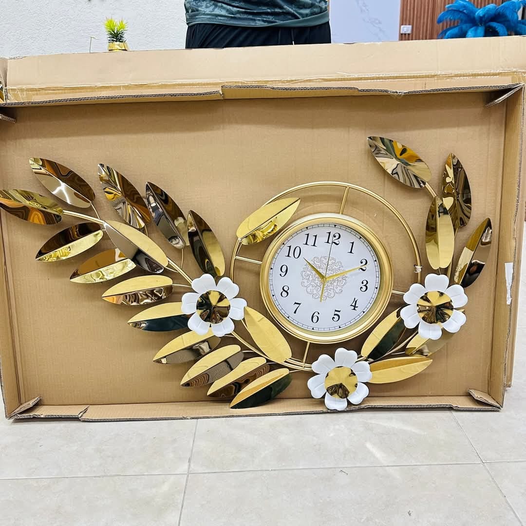 Luxury Wall Clock with Golden Leaves and White Flowers – Size 115×65cm