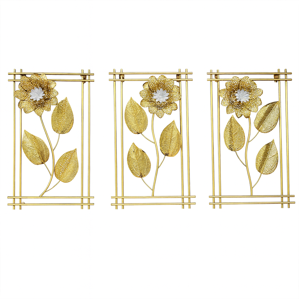 Golden Floral Wall Art – تابلوه حائط معدني بتصميم الزهور الذهبية