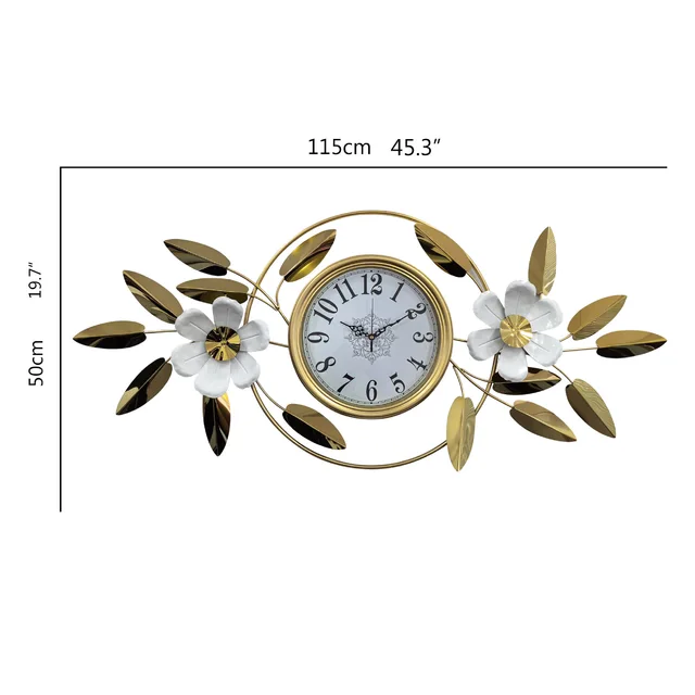 Luxury Wall Clock with Golden Leaves & 3D Flowers – Size 115×45cm
