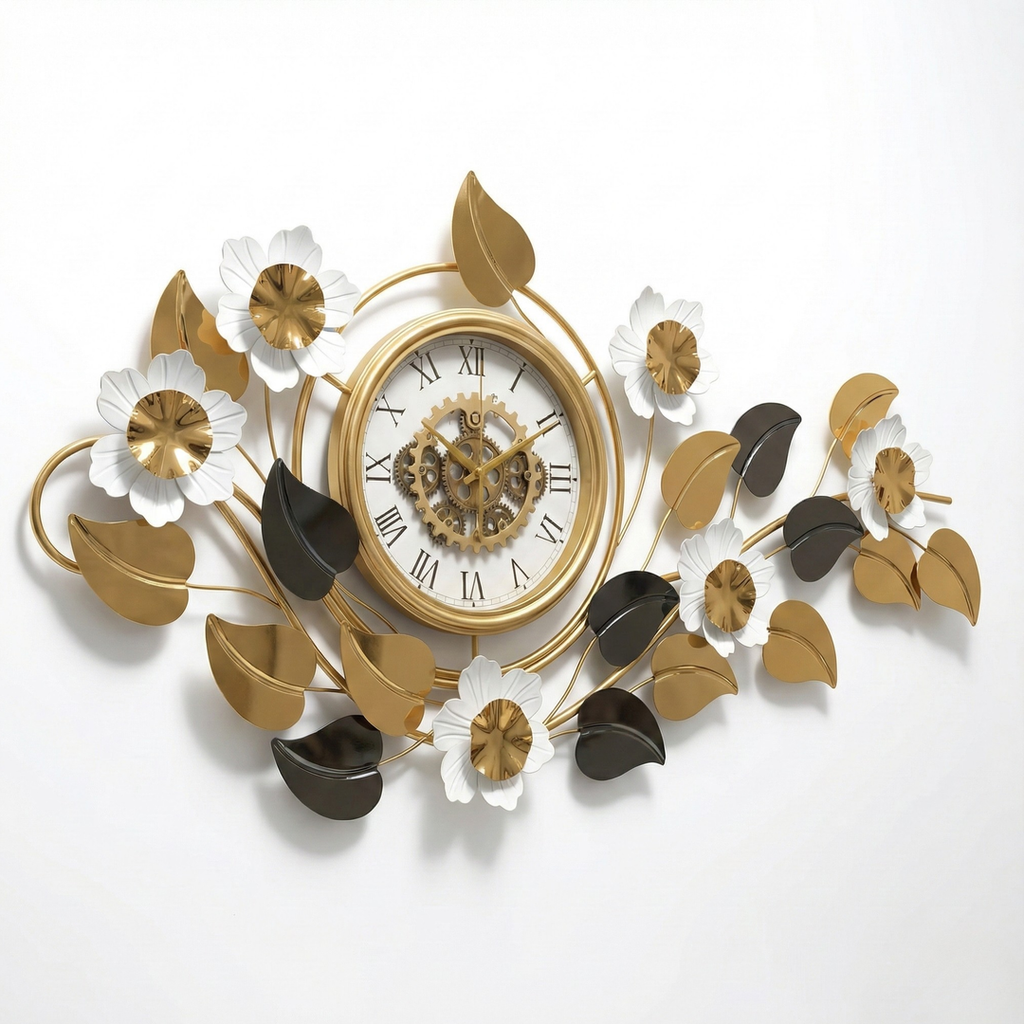 Floral Luxury Wall Clock – ساعة حائط مودرن بتصميم أوراق وزهور