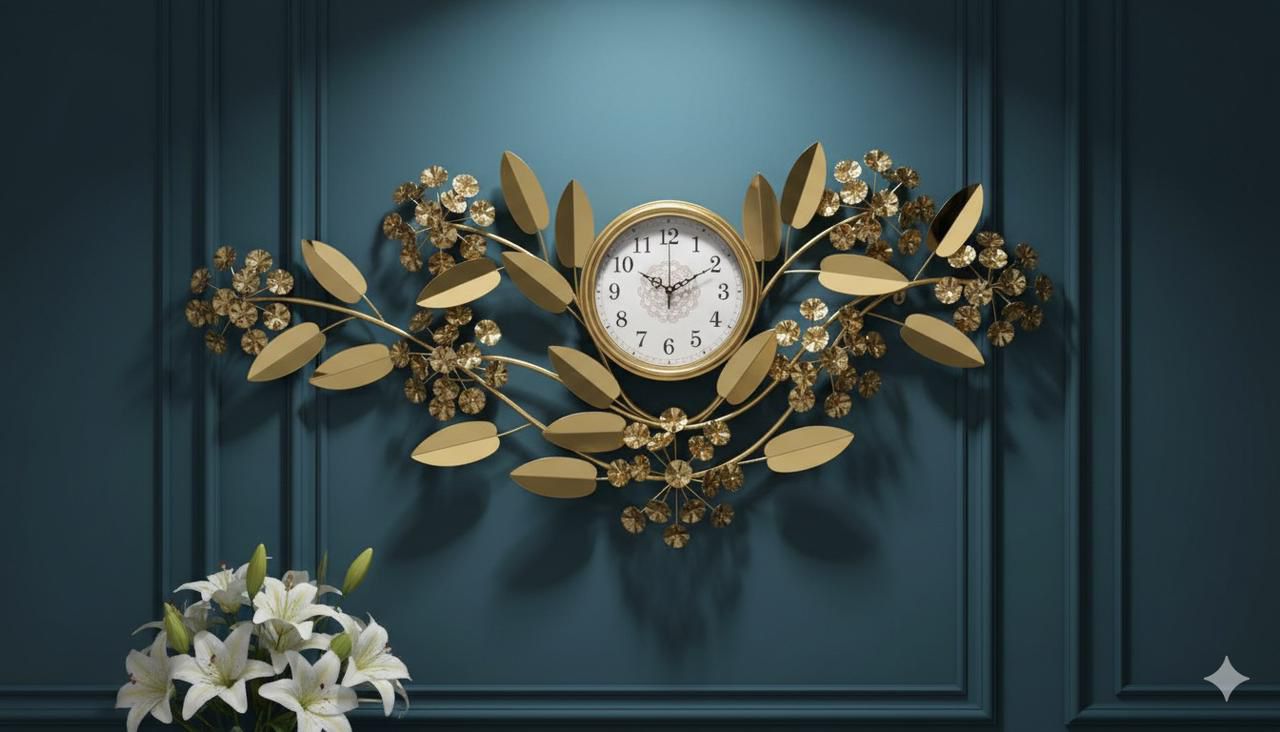 Luxury Wall Clock with Golden Leaves & 3D Flowers – Size 115×55cm