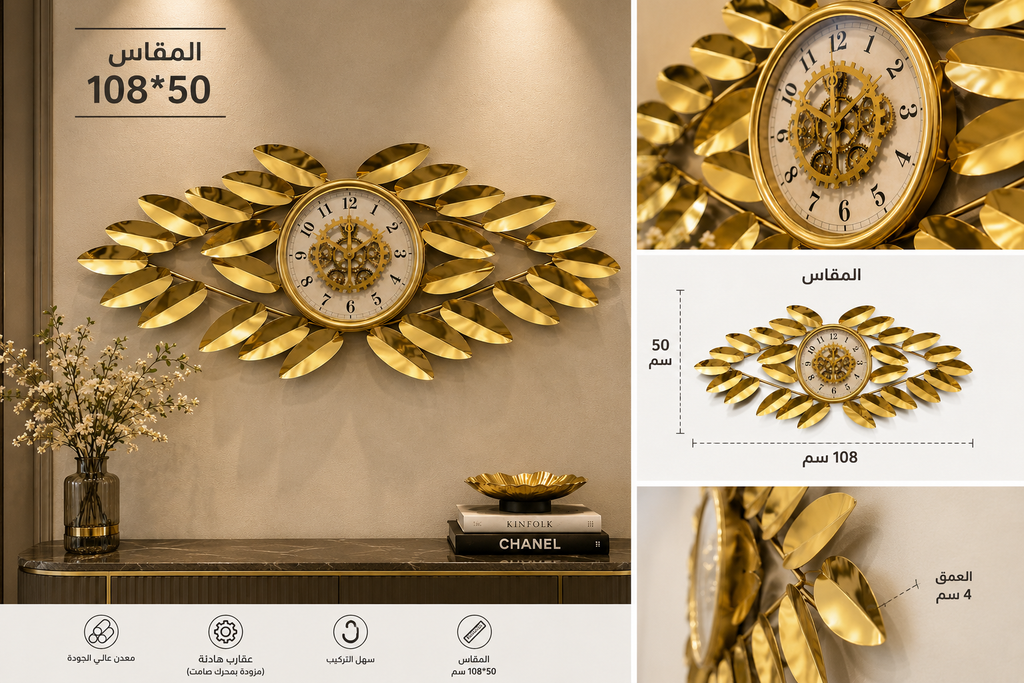 ساعة حائط معدنية فاخرة بتصميم أوراق ذهبية وتروس متحركة – 108×50 سم